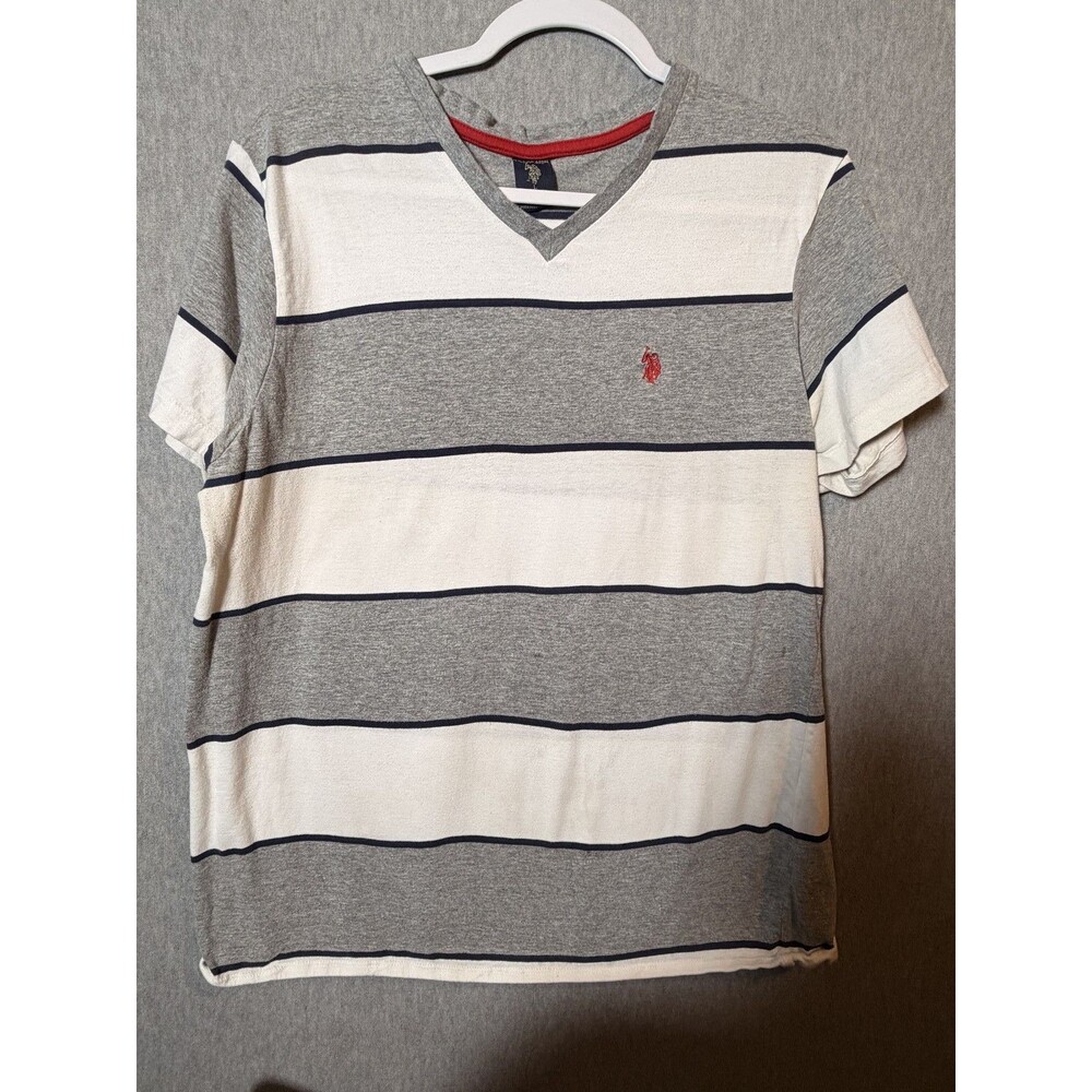 U.S. Polo Assn. Men's L V-Neck Striped T-Shirt Grey White Red Embroidered Logo